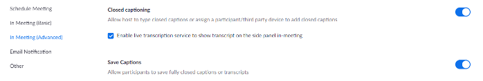 Screenshot of Zoom Web Portal Closed Captioning Options