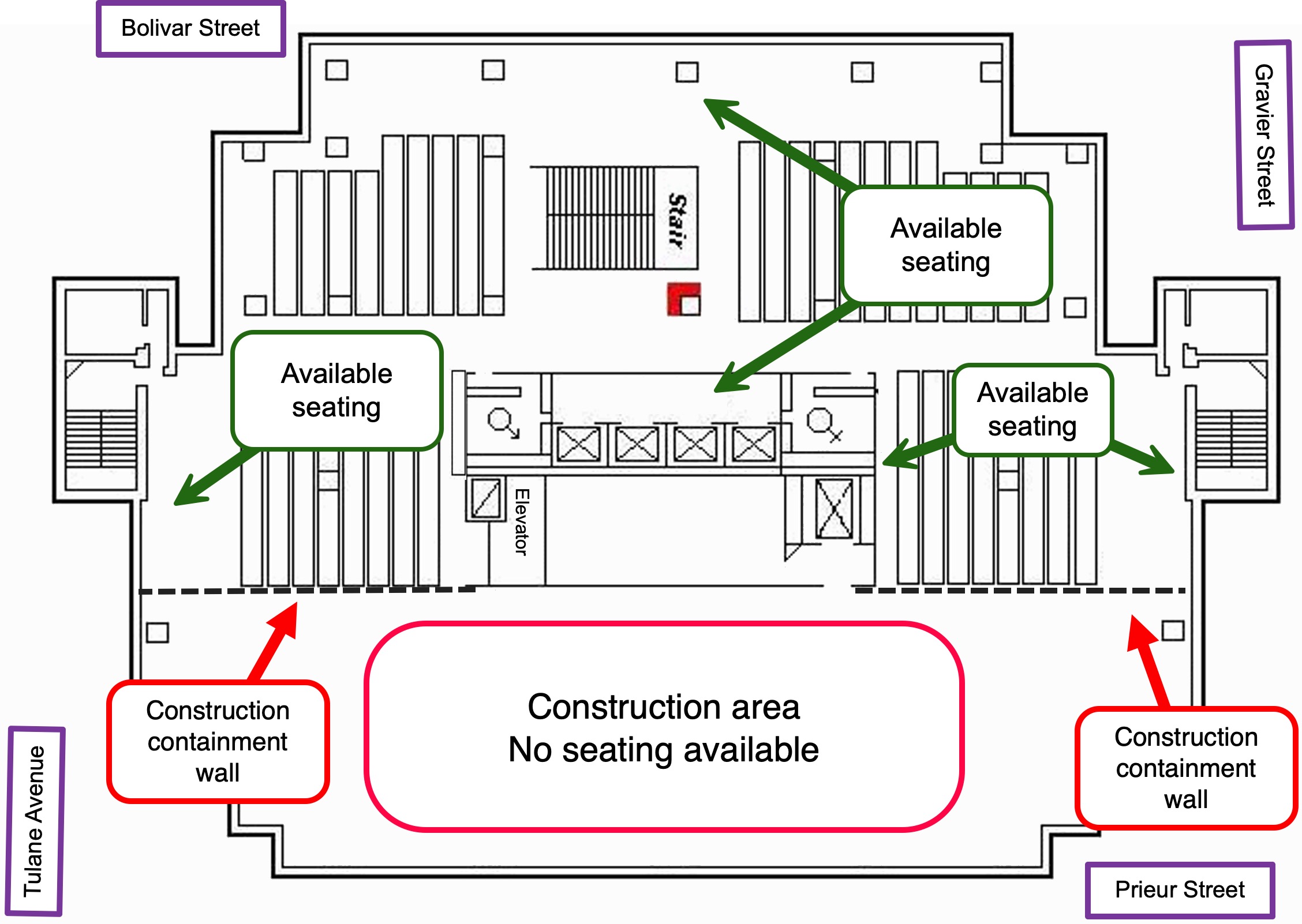 Diagram of the 5th Floor with the construction containment walls on the Prieur side